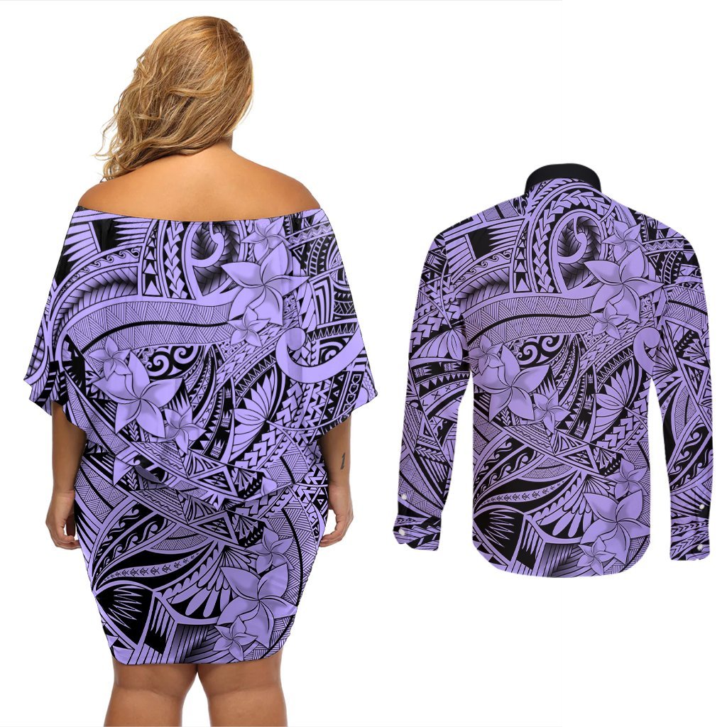 Polynesia Couples Matching Off Shoulder Short Dress and Long Sleeve Button Shirt Tribal Polynesian Spirit With Violet Pacific Flowers LT9 - Polynesian Pride