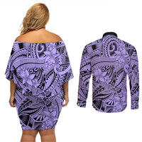Polynesia Couples Matching Off Shoulder Short Dress and Long Sleeve Button Shirt Tribal Polynesian Spirit With Violet Pacific Flowers LT9 - Polynesian Pride