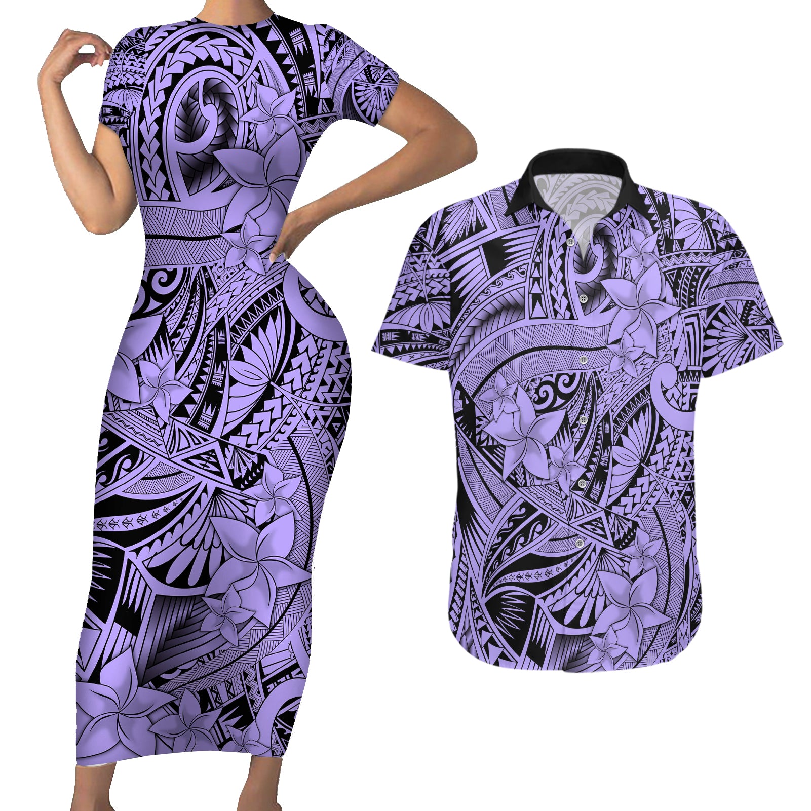 Polynesia Couples Matching Short Sleeve Bodycon Dress and Hawaiian Shirt Tribal Polynesian Spirit With Violet Pacific Flowers LT9 Violet - Polynesian Pride