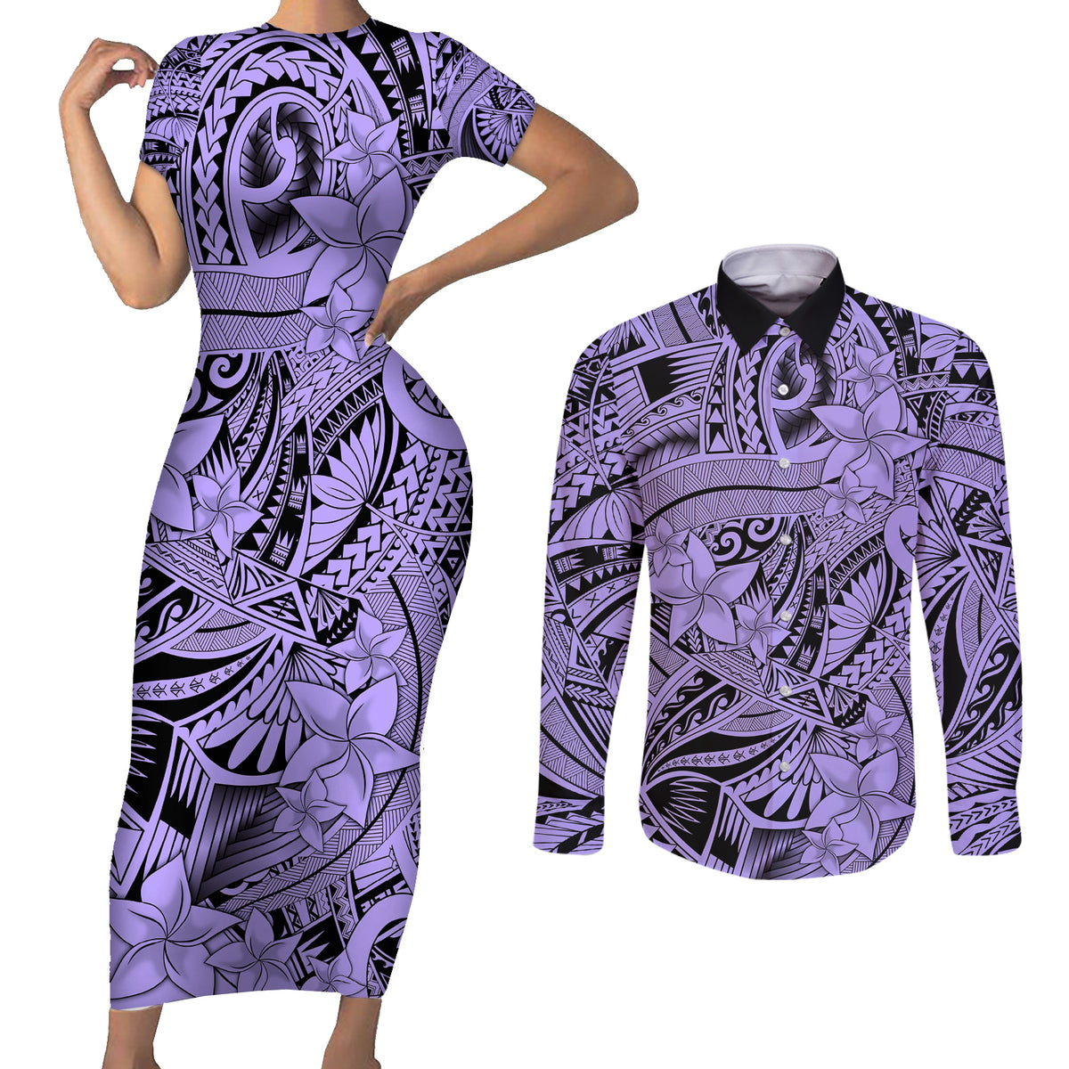 Polynesia Couples Matching Short Sleeve Bodycon Dress and Long Sleeve Button Shirt Tribal Polynesian Spirit With Violet Pacific Flowers LT9 Violet - Polynesian Pride