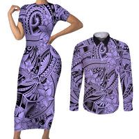 Polynesia Couples Matching Short Sleeve Bodycon Dress and Long Sleeve Button Shirt Tribal Polynesian Spirit With Violet Pacific Flowers LT9 Violet - Polynesian Pride