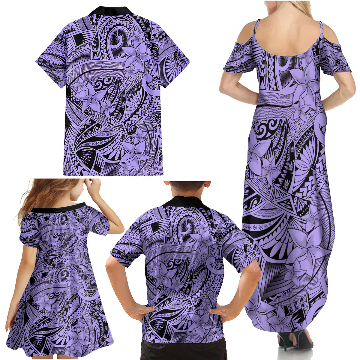 Polynesia Family Matching Summer Maxi Dress and Hawaiian Shirt Tribal Polynesian Spirit With Violet Pacific Flowers LT9 - Polynesian Pride