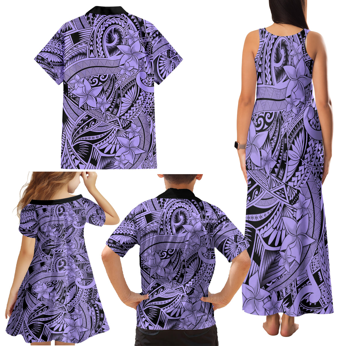 Polynesia Family Matching Tank Maxi Dress and Hawaiian Shirt Tribal Polynesian Spirit With Violet Pacific Flowers LT9 - Polynesian Pride