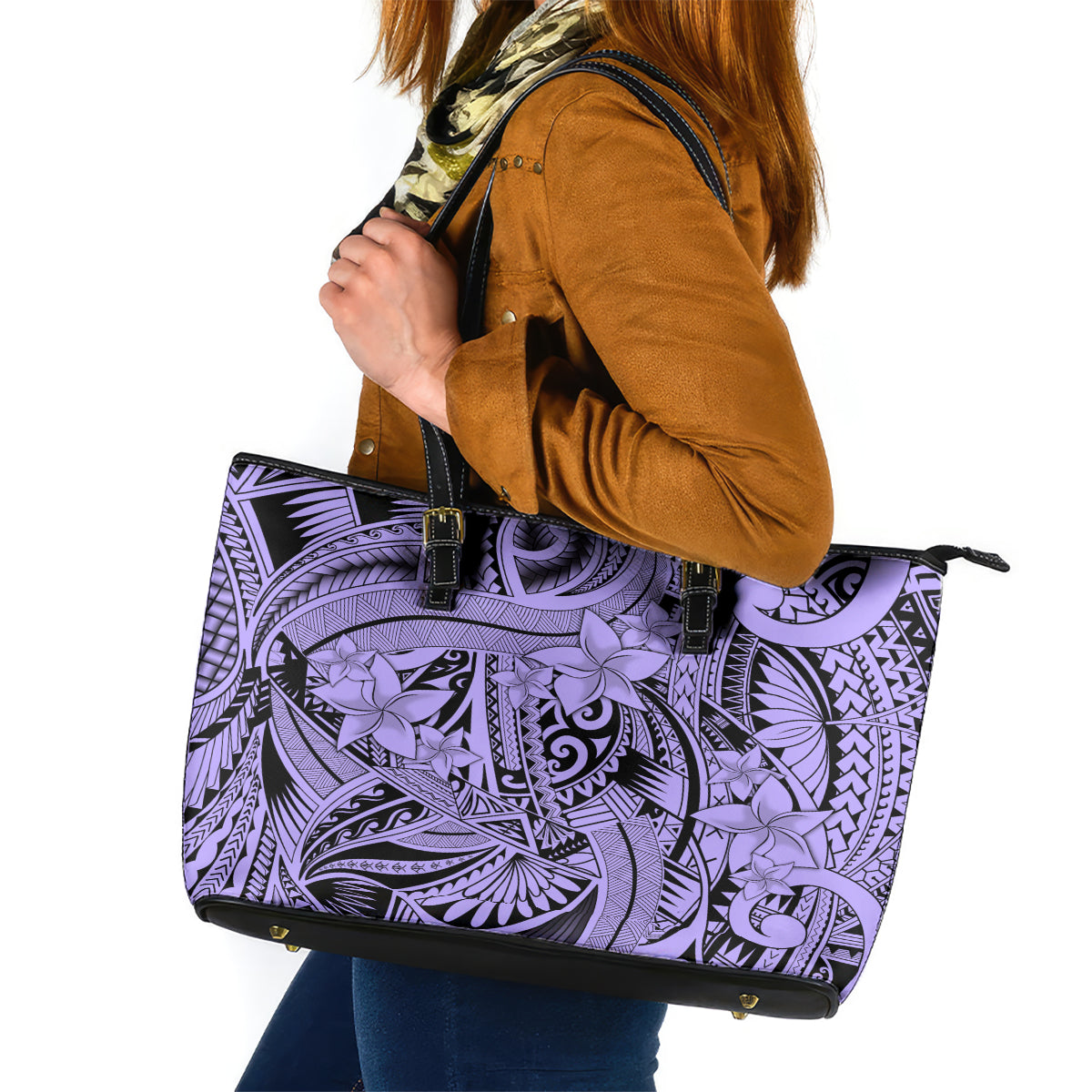 Polynesia Leather Tote Bag Tribal Polynesian Spirit With Violet Pacific Flowers LT9 Violet - Polynesian Pride