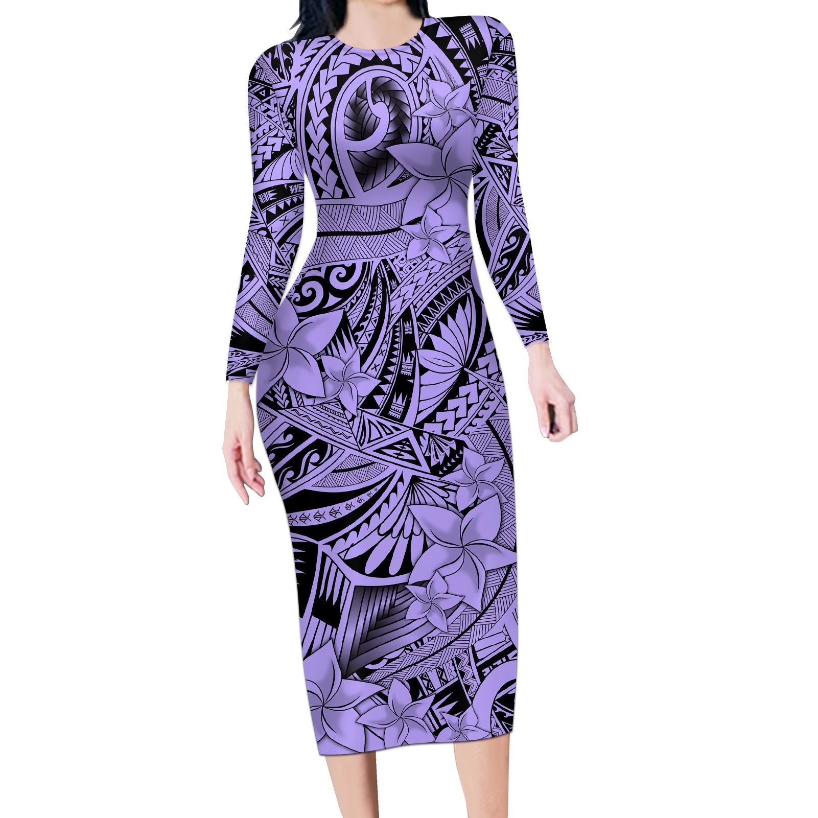 Polynesia Long Sleeve Bodycon Dress Tribal Polynesian Spirit With Violet Pacific Flowers LT9 Long Dress Violet - Polynesian Pride