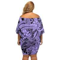 Polynesia Off Shoulder Short Dress Tribal Polynesian Spirit With Violet Pacific Flowers LT9 - Polynesian Pride