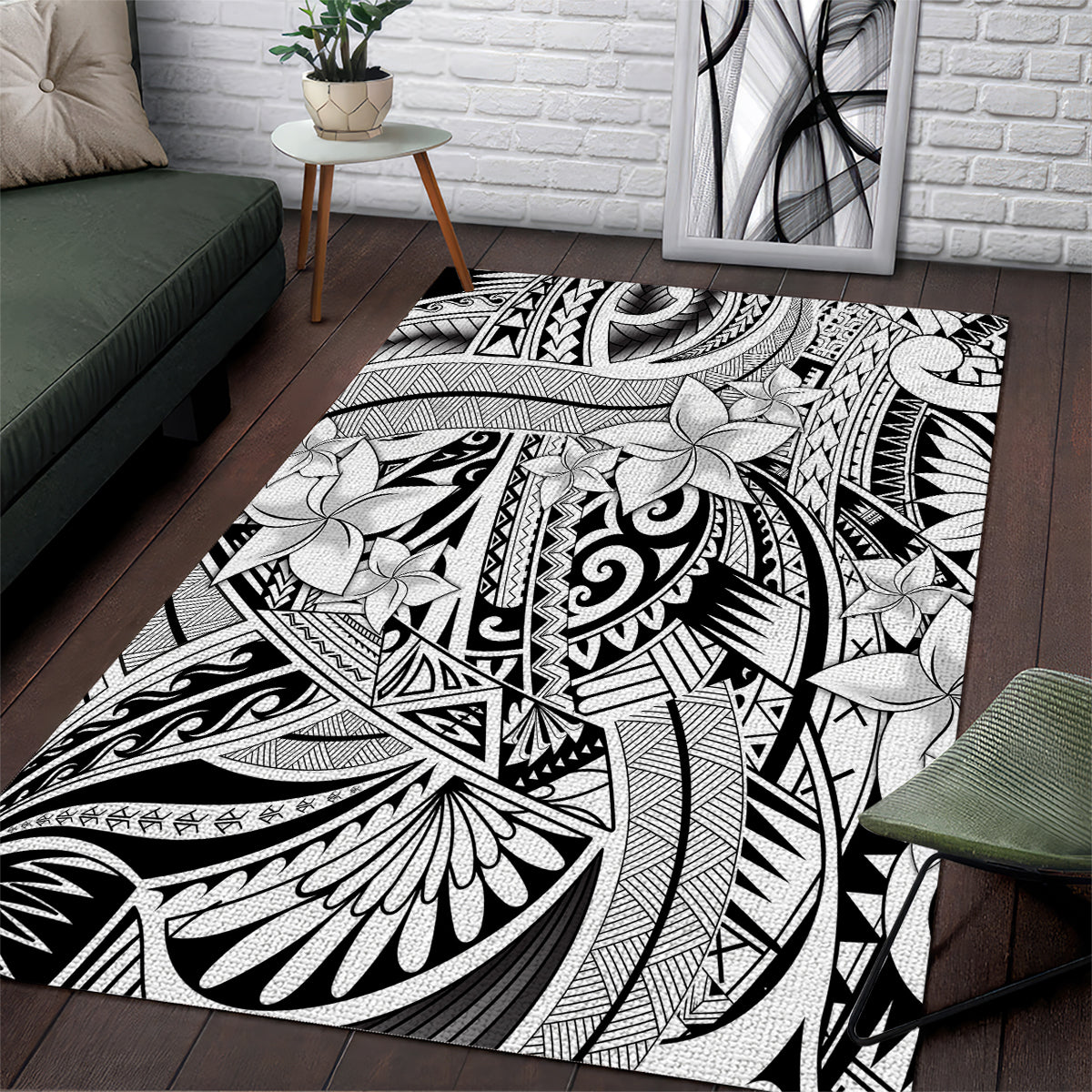 Polynesia Area Rug Tribal Polynesian Spirit With White Pacific Flowers LT9 White - Polynesian Pride