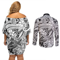 Polynesia Couples Matching Off Shoulder Short Dress and Long Sleeve Button Shirt Tribal Polynesian Spirit With White Pacific Flowers LT9 - Polynesian Pride