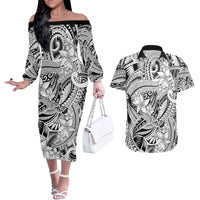 Polynesia Couples Matching Off The Shoulder Long Sleeve Dress and Hawaiian Shirt Tribal Polynesian Spirit With White Pacific Flowers LT9 White - Polynesian Pride