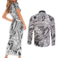 Polynesia Couples Matching Short Sleeve Bodycon Dress and Long Sleeve Button Shirt Tribal Polynesian Spirit With White Pacific Flowers LT9 - Polynesian Pride