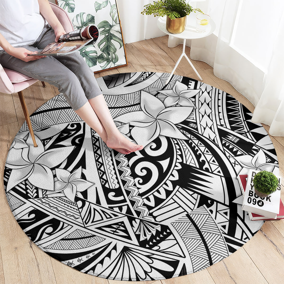 Polynesia Round Carpet Tribal Polynesian Spirit With White Pacific Flowers LT9 - Polynesian Pride