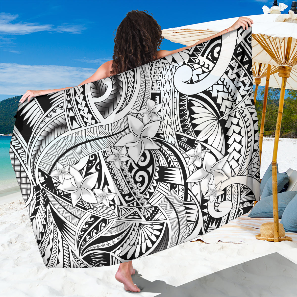 Polynesia Sarong Tribal Polynesian Spirit With White Pacific Flowers LT9 One Size 44 x 66 inches White - Polynesian Pride