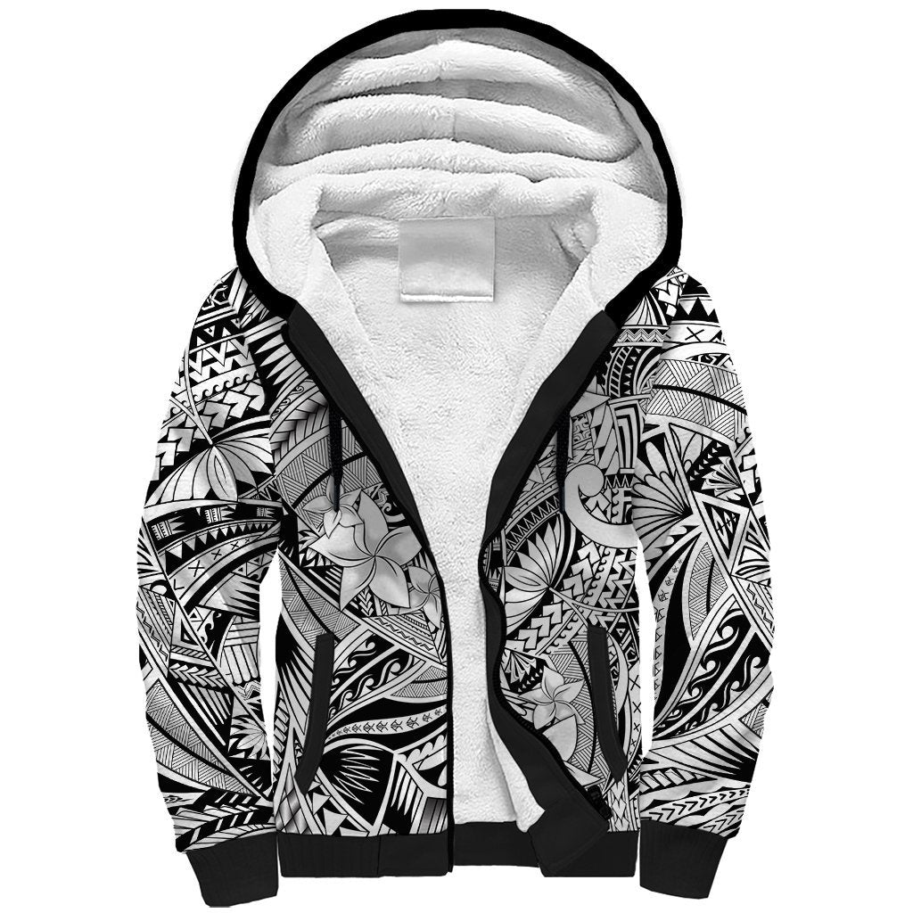 Polynesia Sherpa Hoodie Tribal Polynesian Spirit With White Pacific Flowers LT9 Unisex White - Polynesian Pride