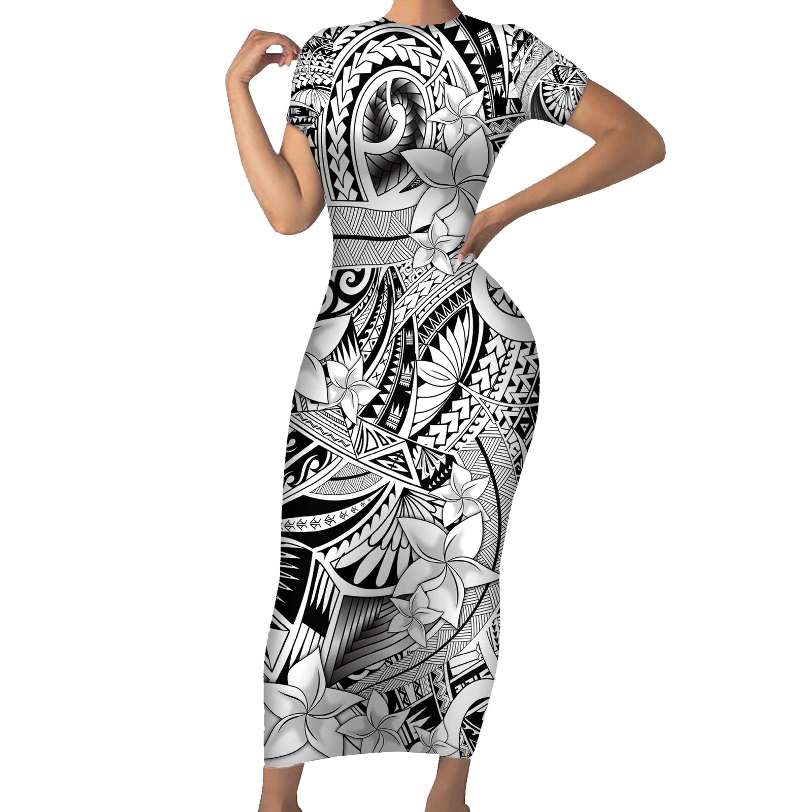 Polynesia Short Sleeve Bodycon Dress Tribal Polynesian Spirit With White Pacific Flowers LT9 Long Dress White - Polynesian Pride
