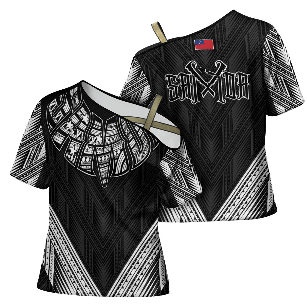 Black Samoa Tribal Chest Tattoo Cross Shoulder Shirt LT9 - Polynesian Pride