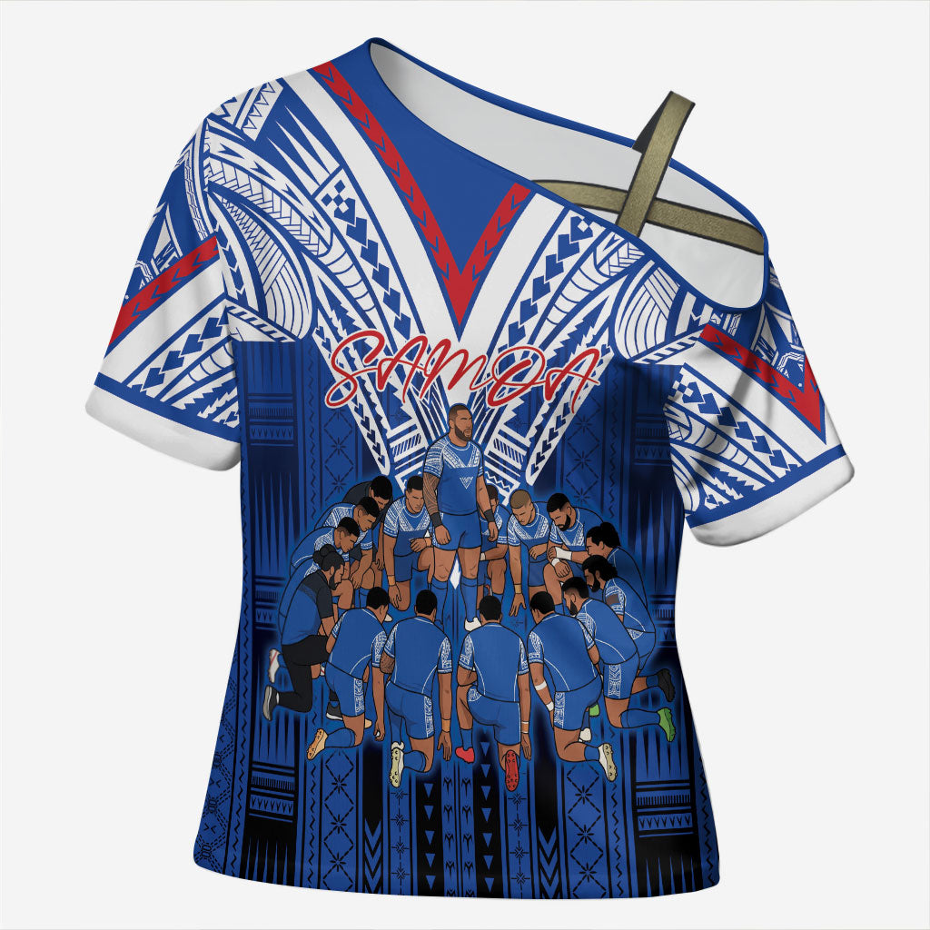 Toa Samoa Siva Tau Cross Shoulder Shirt Royal Blue Chevron Geometric Heritage LT9 Female Blue - Polynesian Pride