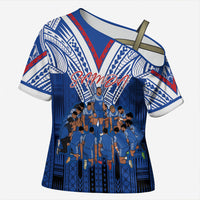 Toa Samoa Siva Tau Cross Shoulder Shirt Royal Blue Chevron Geometric Heritage LT9 Female Blue - Polynesian Pride
