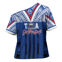 Toa Samoa Siva Tau Cross Shoulder Shirt Royal Blue Chevron Geometric Heritage LT9 - Polynesian Pride