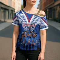 Toa Samoa Siva Tau Cross Shoulder Shirt Royal Blue Chevron Geometric Heritage LT9 - Polynesian Pride