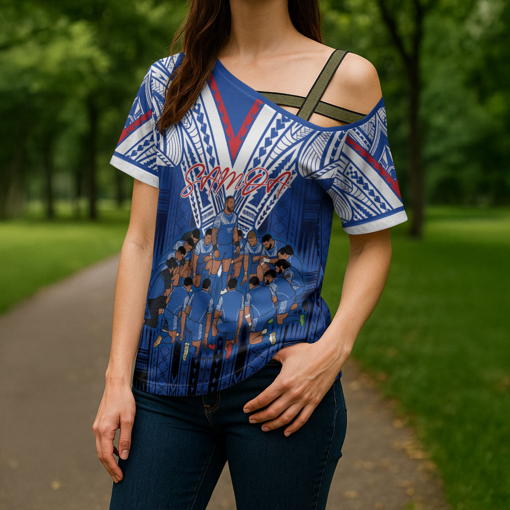 Toa Samoa Siva Tau Cross Shoulder Shirt Royal Blue Chevron Geometric Heritage LT9 - Polynesian Pride