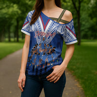 Toa Samoa Siva Tau Cross Shoulder Shirt Royal Blue Chevron Geometric Heritage LT9 - Polynesian Pride