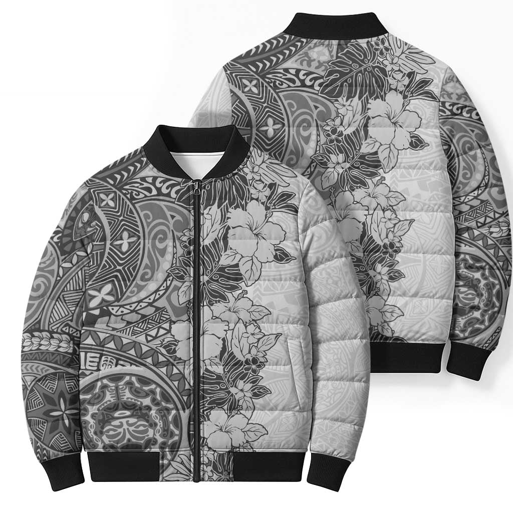 Polynesia Bomber Puffer Jacket Hibiscus Hawaiian Tribal Tattoo Retro Gray - Polynesian Pride