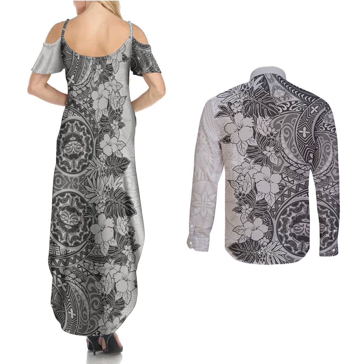 Polynesia Couples Matching Summer Maxi Dress and Long Sleeve Button Shirt Hibiscus and Hawaiian Tribal Tattoo Retro Style Gray Color LT9 - Polynesian Pride