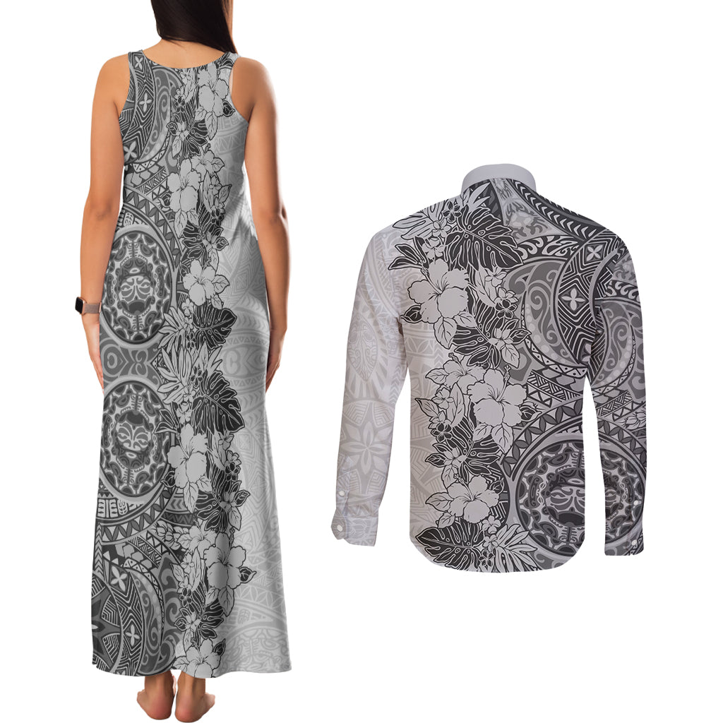 Polynesia Couples Matching Tank Maxi Dress and Long Sleeve Button Shirt Hibiscus and Hawaiian Tribal Tattoo Retro Style Gray Color LT9 - Polynesian Pride