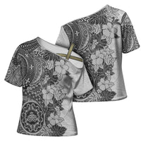 Polynesia Cross Shoulder Shirt Hibiscus Hawaiian Tribal Tattoo Retro Gray - Polynesian Pride
