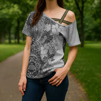 Polynesia Cross Shoulder Shirt Hibiscus Hawaiian Tribal Tattoo Retro Gray - Polynesian Pride