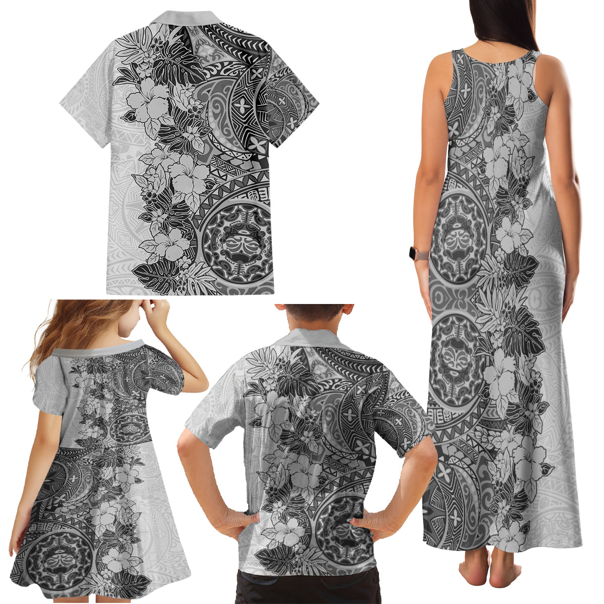 Polynesia Family Matching Tank Maxi Dress and Hawaiian Shirt Hibiscus and Hawaiian Tribal Tattoo Retro Style Gray Color LT9 - Polynesian Pride