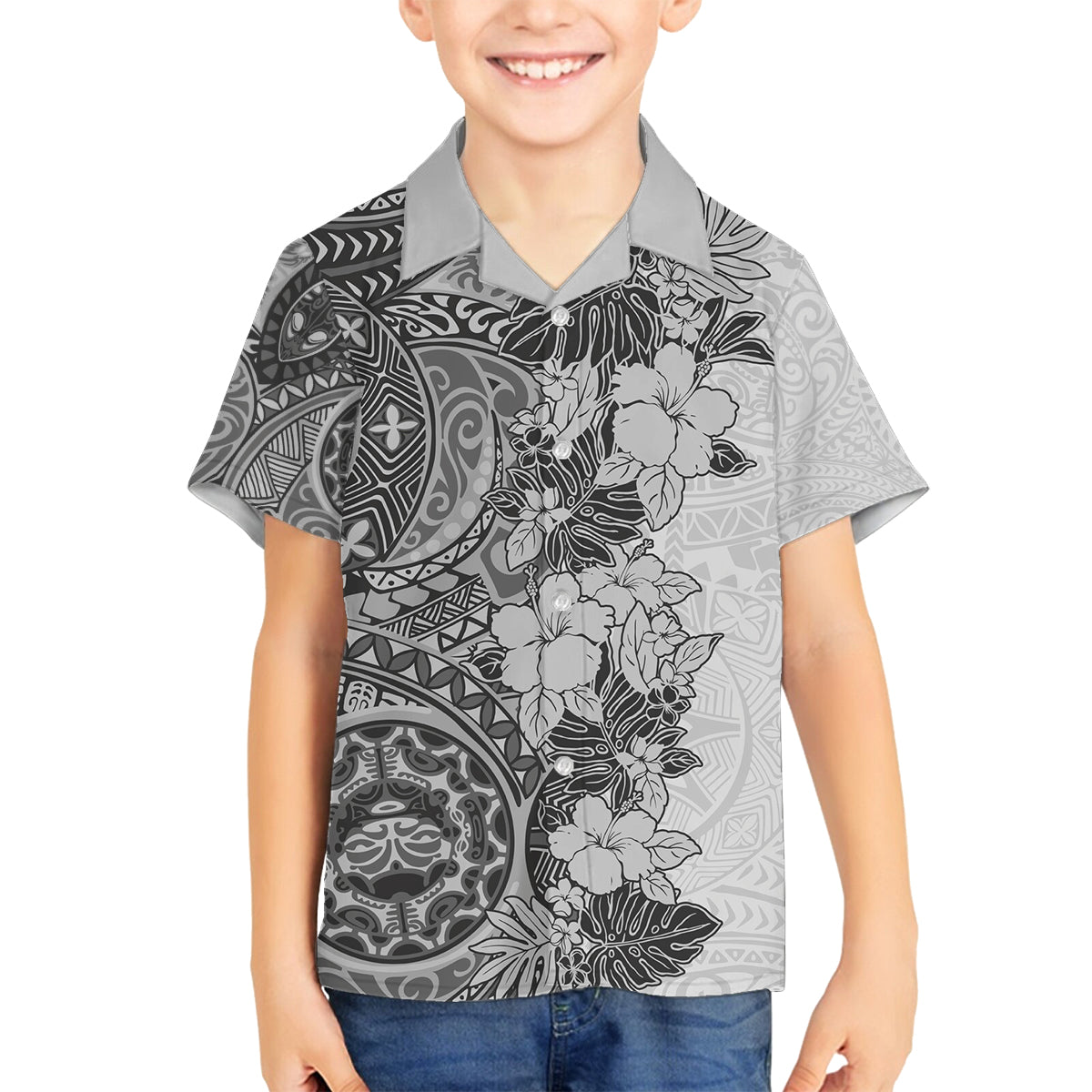 Polynesia Family Matching Tank Maxi Dress and Hawaiian Shirt Hibiscus and Hawaiian Tribal Tattoo Retro Style Gray Color LT9 Son's Shirt Gray - Polynesian Pride