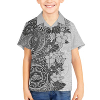 Polynesia Family Matching Tank Maxi Dress and Hawaiian Shirt Hibiscus and Hawaiian Tribal Tattoo Retro Style Gray Color LT9 Son's Shirt Gray - Polynesian Pride