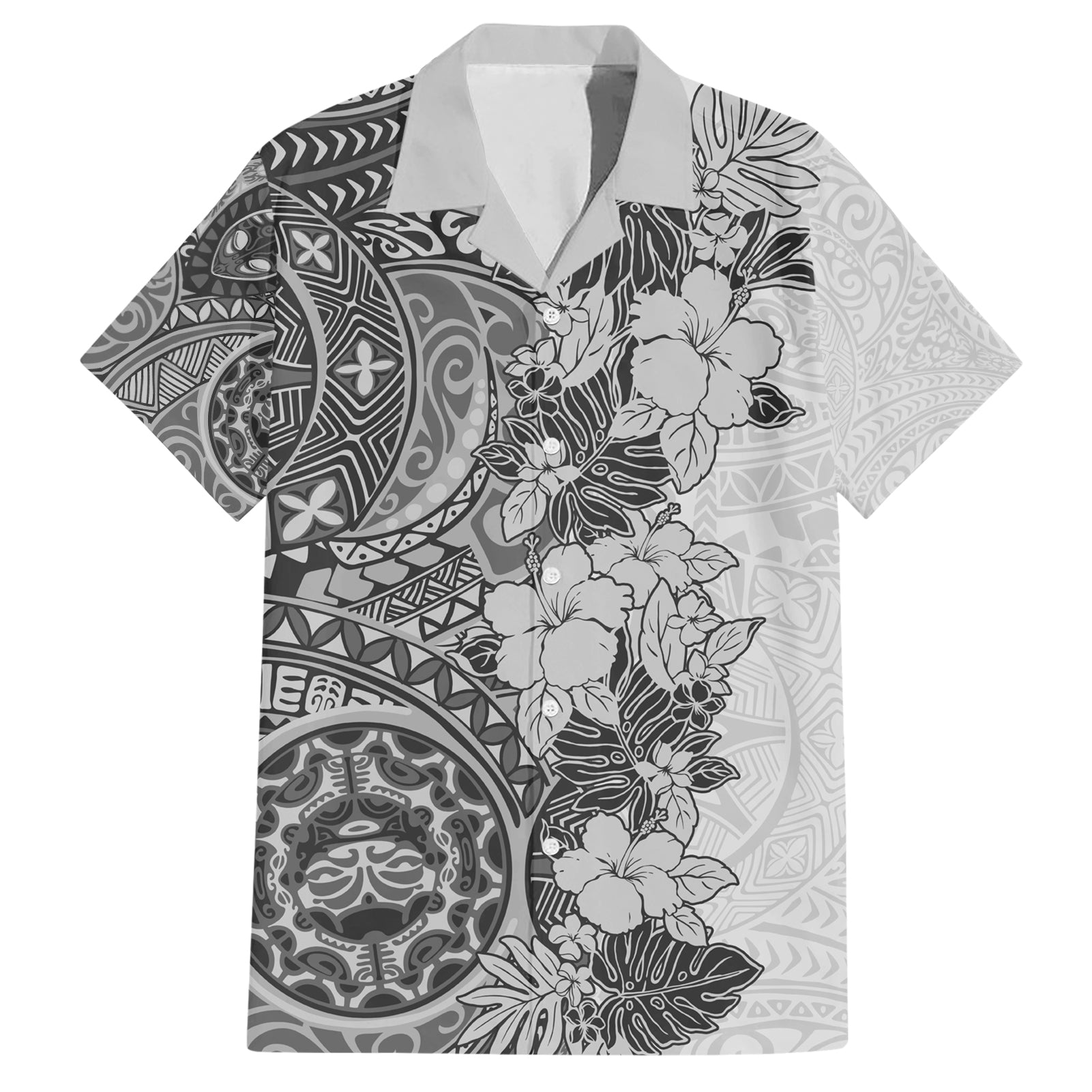 Polynesia Hawaiian Shirt Hibiscus and Hawaiian Tribal Tattoo Retro Style Gray Color LT9 Gray - Polynesian Pride