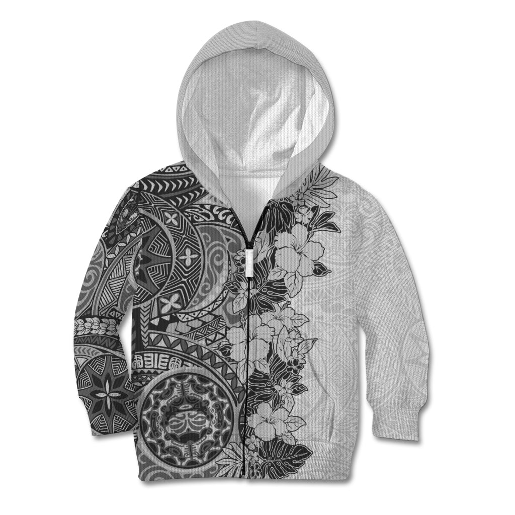 Polynesia Kid Hoodie Hibiscus and Hawaiian Tribal Tattoo Retro Style Gray Color LT9 Zip Hoodie Gray - Polynesian Pride