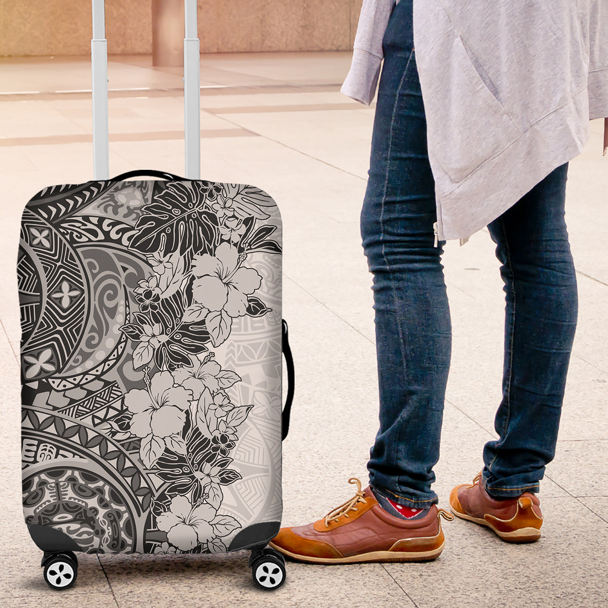 Polynesia Luggage Cover Hibiscus and Hawaiian Tribal Tattoo Retro Style Gray Color LT9 Gray - Polynesian Pride