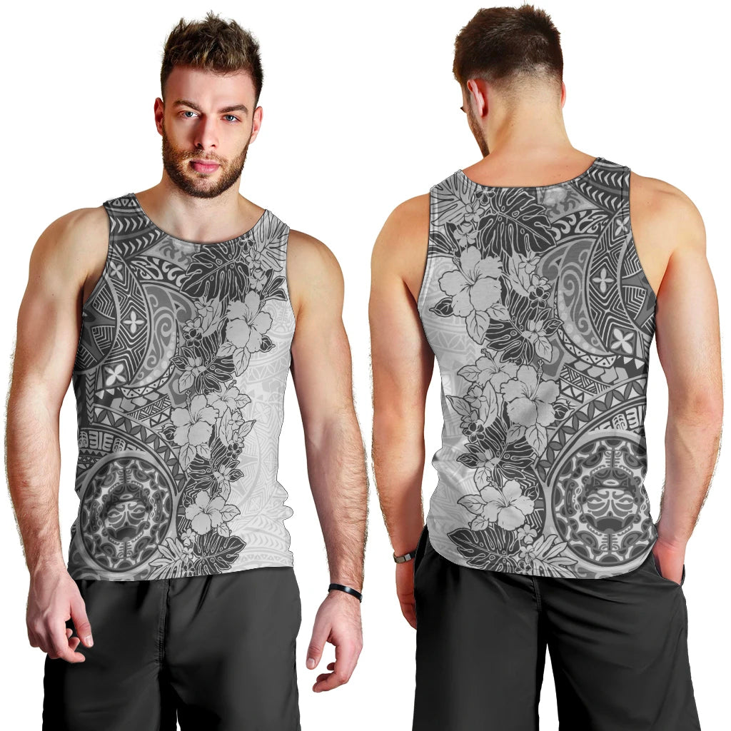 Polynesia Men Tank Top Hibiscus and Hawaiian Tribal Tattoo Retro Style Gray Color LT9 - Polynesian Pride