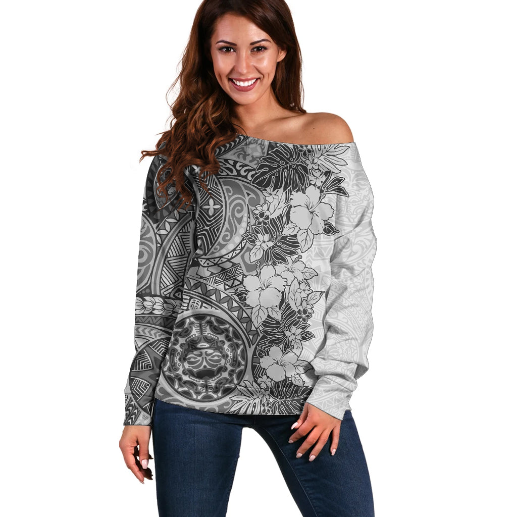 Polynesia Off Shoulder Sweater Hibiscus and Hawaiian Tribal Tattoo Retro Style Gray Color LT9 Women Gray - Polynesian Pride