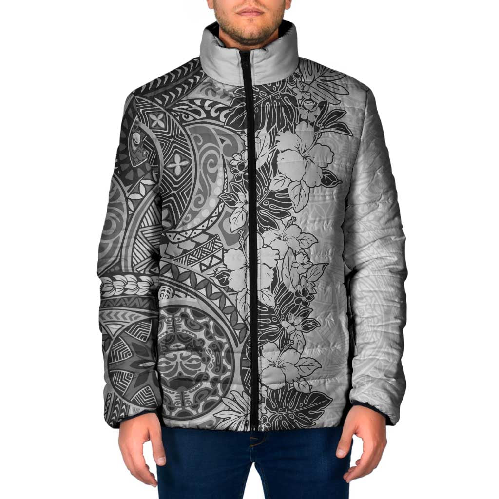 Polynesia Padded Jacket Hibiscus Hawaiian Tribal Tattoo Retro Gray - Polynesian Pride