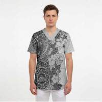 Polynesia Scrub Top Hibiscus Hawaiian Tribal Tattoo Retro Gray - Polynesian Pride