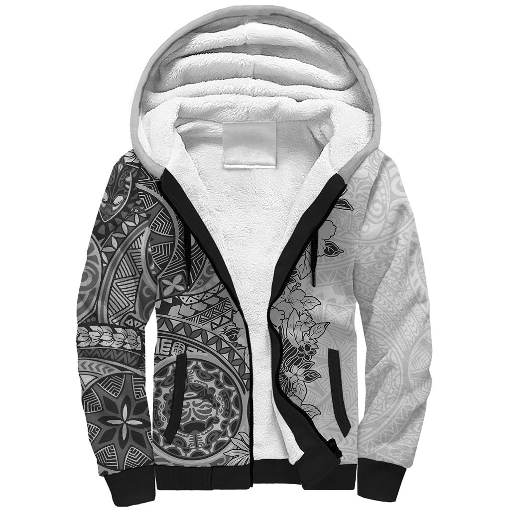 Polynesia Sherpa Hoodie Hibiscus and Hawaiian Tribal Tattoo Retro Style Gray Color LT9 Unisex Gray - Polynesian Pride
