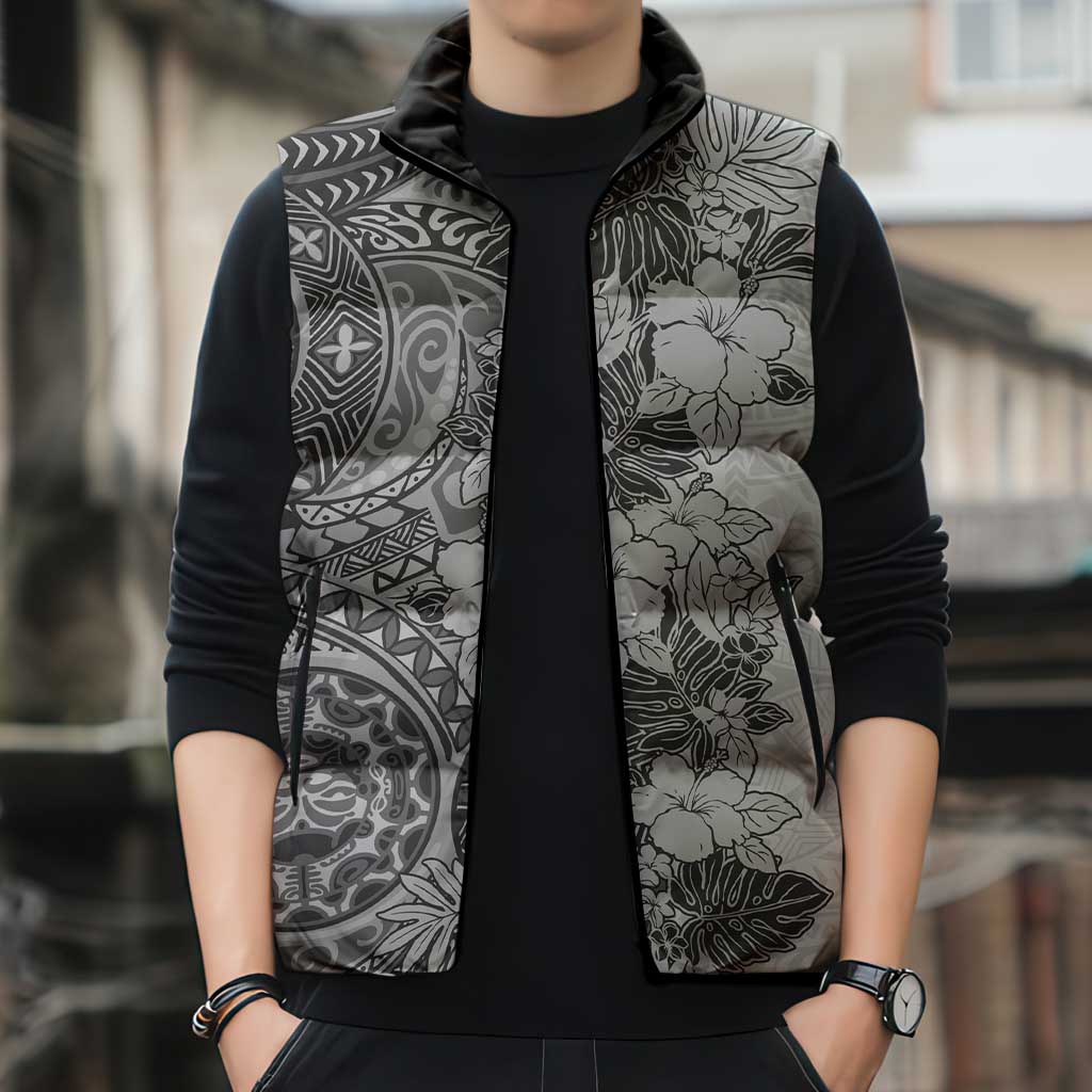 Polynesia Sleeveless Puffer Jacket Hibiscus Hawaiian Tribal Tattoo Retro Gray - Polynesian Pride