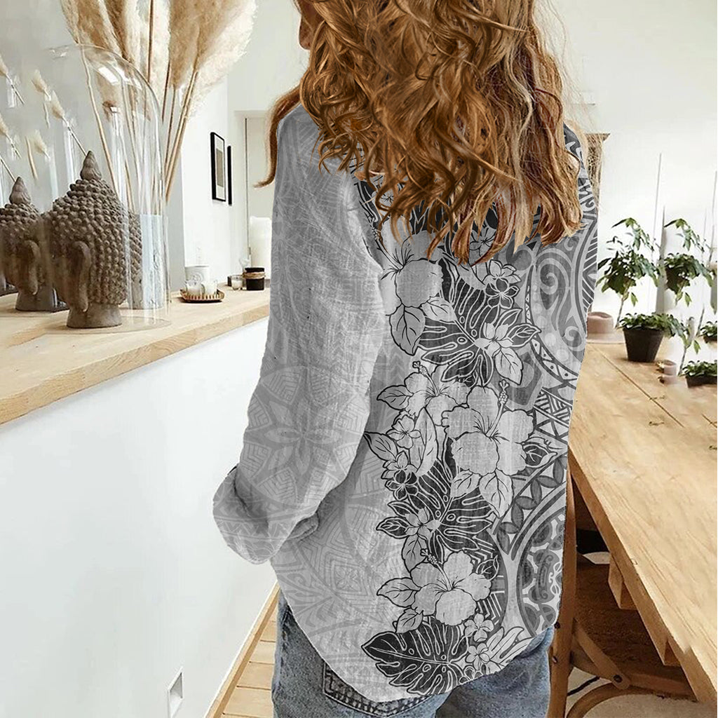 Polynesia Women Casual Shirt Hibiscus and Hawaiian Tribal Tattoo Retro Style Gray Color LT9 - Polynesian Pride