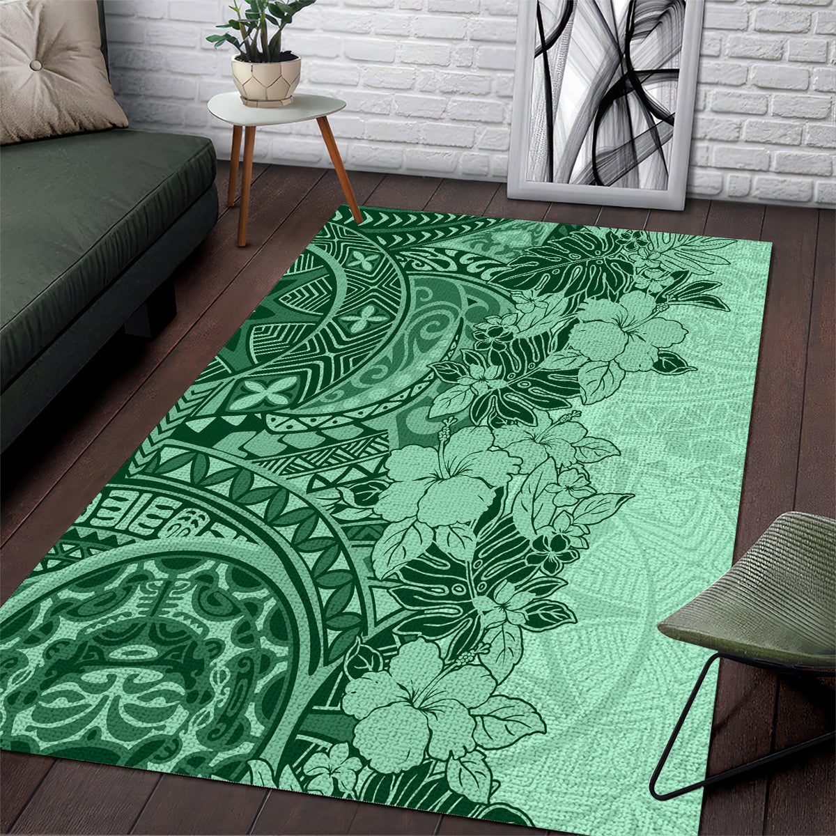 Polynesia Area Rug Hibiscus and Hawaiian Tribal Tattoo Retro Style Green Color LT9 Green - Polynesian Pride