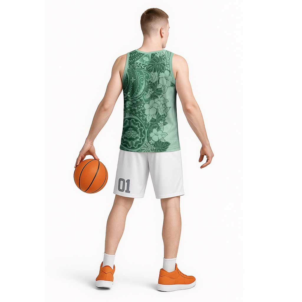 Polynesia Basketball Jersey Hibiscus Hawaiian Tribal Tattoo Retro Green - Polynesian Pride