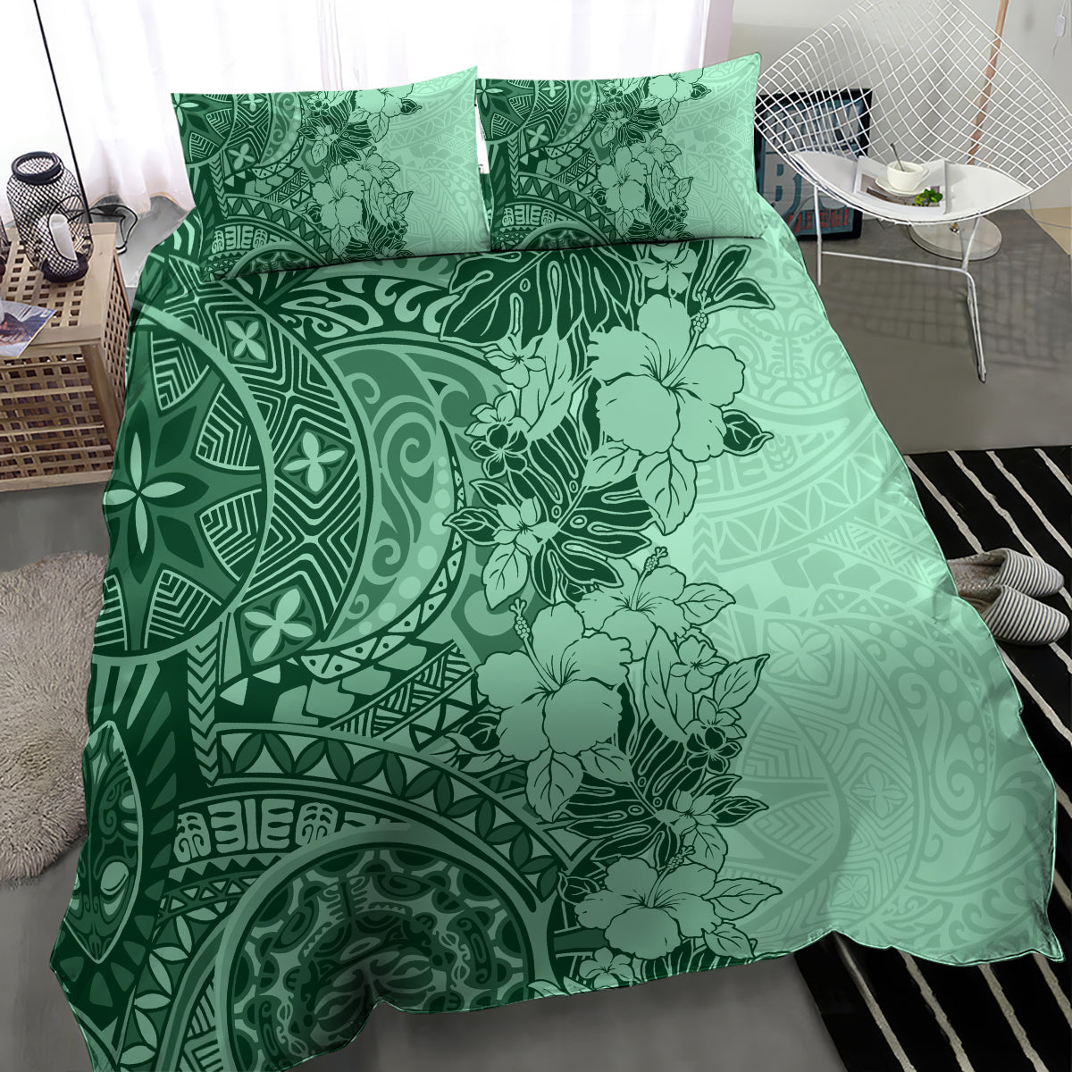 Polynesia Bedding Set Hibiscus and Hawaiian Tribal Tattoo Retro Style Green Color LT9 - Polynesian Pride