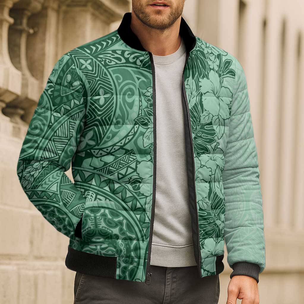 Polynesia Bomber Puffer Jacket Hibiscus Hawaiian Tribal Tattoo Retro Green - Polynesian Pride