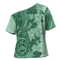 Polynesia Cross Shoulder Shirt Hibiscus Hawaiian Tribal Tattoo Retro Green - Polynesian Pride