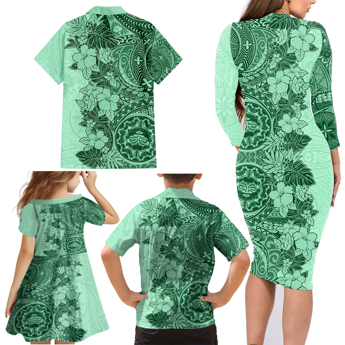Polynesia Family Matching Long Sleeve Bodycon Dress and Hawaiian Shirt Hibiscus and Hawaiian Tribal Tattoo Retro Style Green Color LT9 - Polynesian Pride