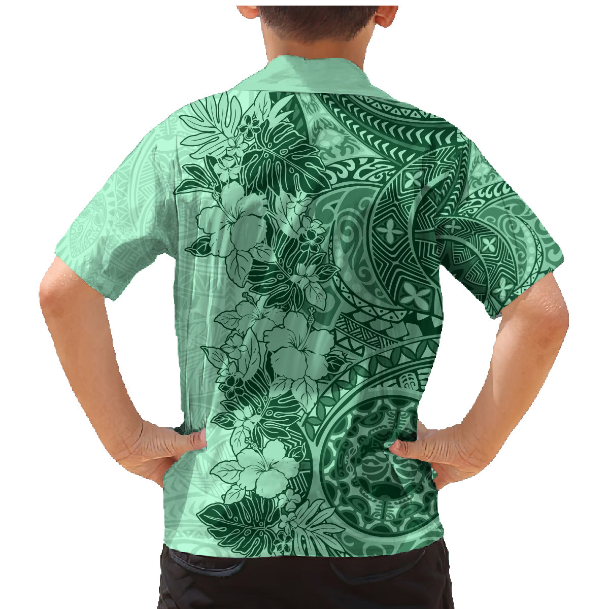 Polynesia Family Matching Mermaid Dress and Hawaiian Shirt Hibiscus and Hawaiian Tribal Tattoo Retro Style Green Color LT9 - Polynesian Pride